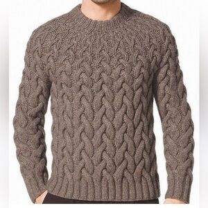 Michael Kors Marino wool taupe Brown Cable Knit fisherman Crewneck Sweater SZ L